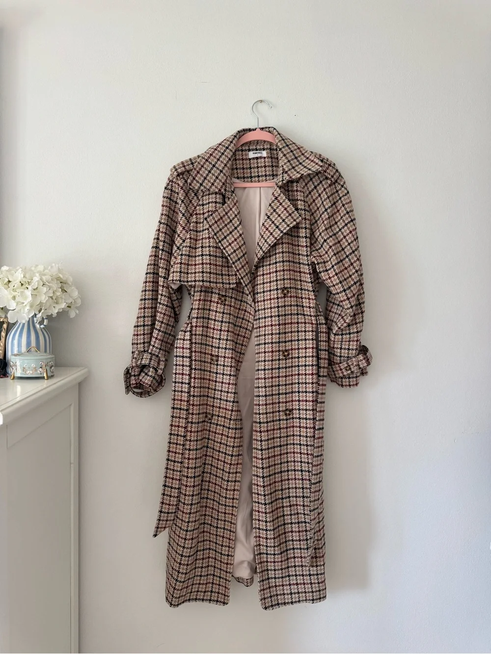 Rumored Plaid Trench Coat in Beige, Black & burgundy